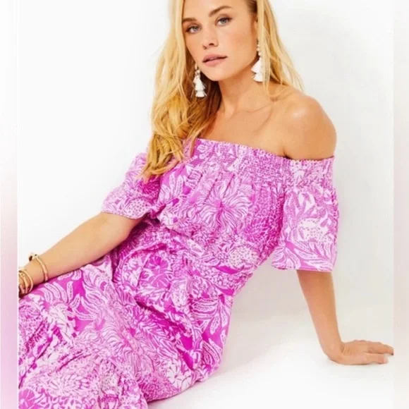 NWT Lilly Pulitzer Maxi Dress Off The Shoulder Women’s Large Hot Pink White - Picture 2 of 5